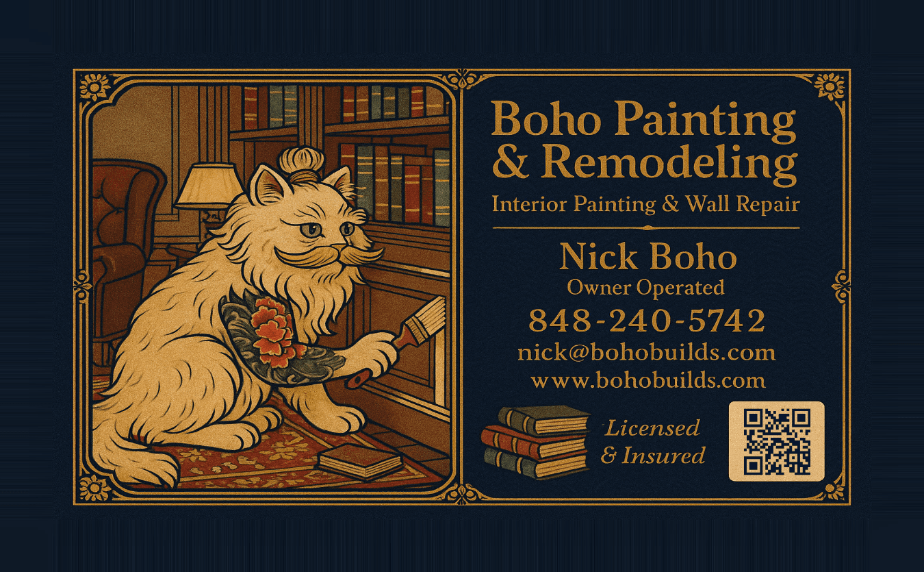 Business card — cat painting in a library